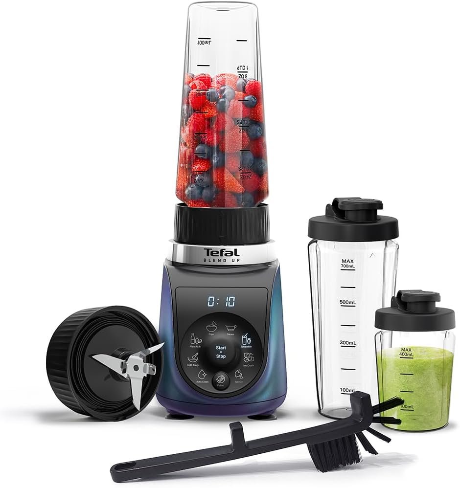 Tefal Blend Up Powerful Mini Blender, Quiet Mode, 8 Auto Programmes, Auto Cleaning Programme, 2 Durable Bottles 0.7L & 0.4L, Smoothies, Protein Shakes, Cocktails, Ice Crush, Hummus, 6 Blades BL19H4G0