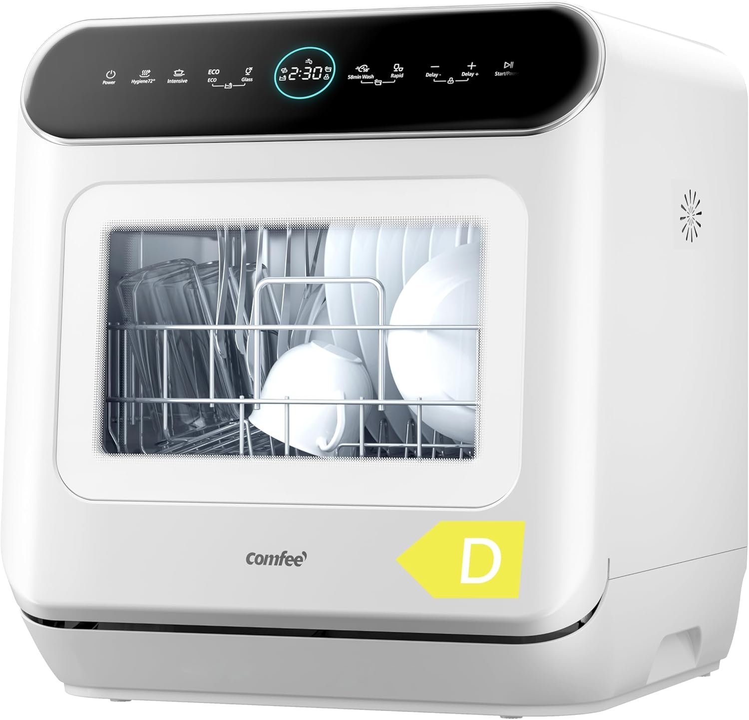 COMFEE' Table Top Dishwasher 7+3 Programs Mini Tabletop Dishwasher No Plumbing, 6L Built-in Water Tank, Hygiene Wash, Auto Door Open Drying, Baby Care, Energy Class D- White [Energy Class D]
