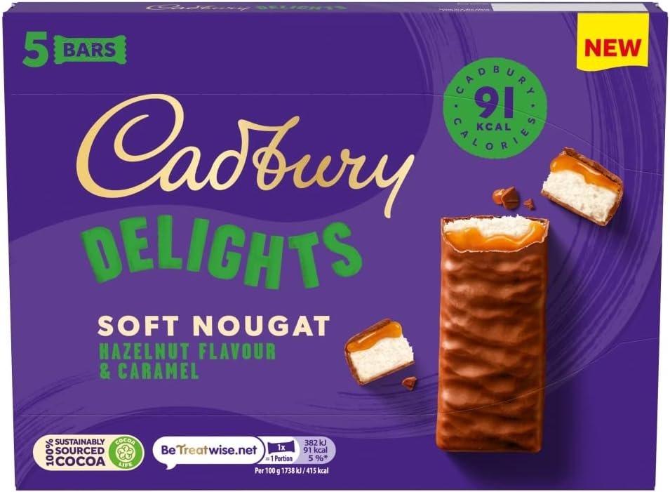 Cadbury Delights Soft Nougat Hazelnut Flavour & Caramel Bars, Chewy Nougat Bars With Hazelnut & Caramel, Multipack of 5 x 22 g (Pack of 9)
