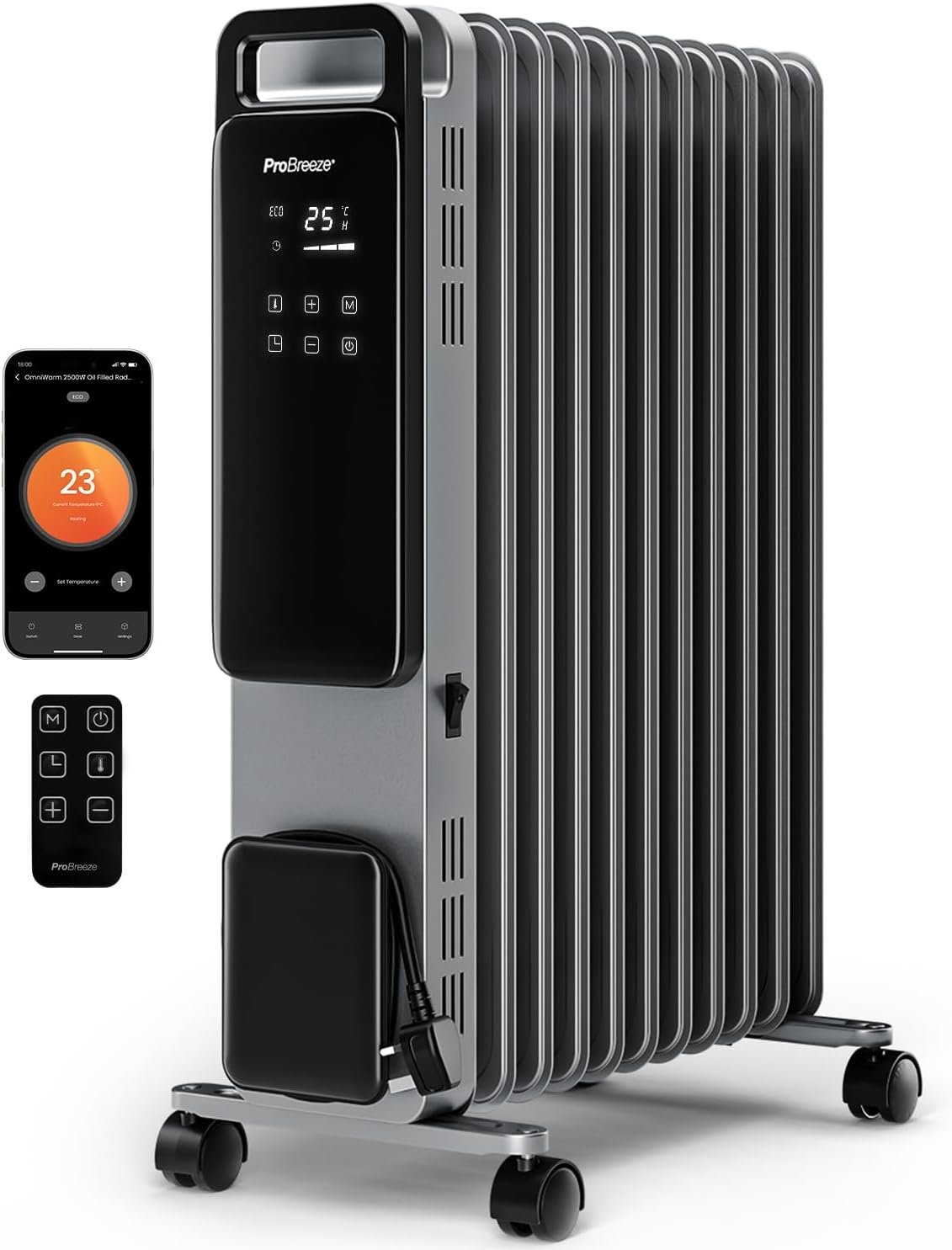 Pro Breeze Smart 2500W 11 Fin Oil Filled Radiator with Digital Display and WiFi Smart App, Thermostat, 24Hr Timer, 3 Heat Modes, Child Lock, Overheat & Tip-Over Protection Oil heater for Home - Silver